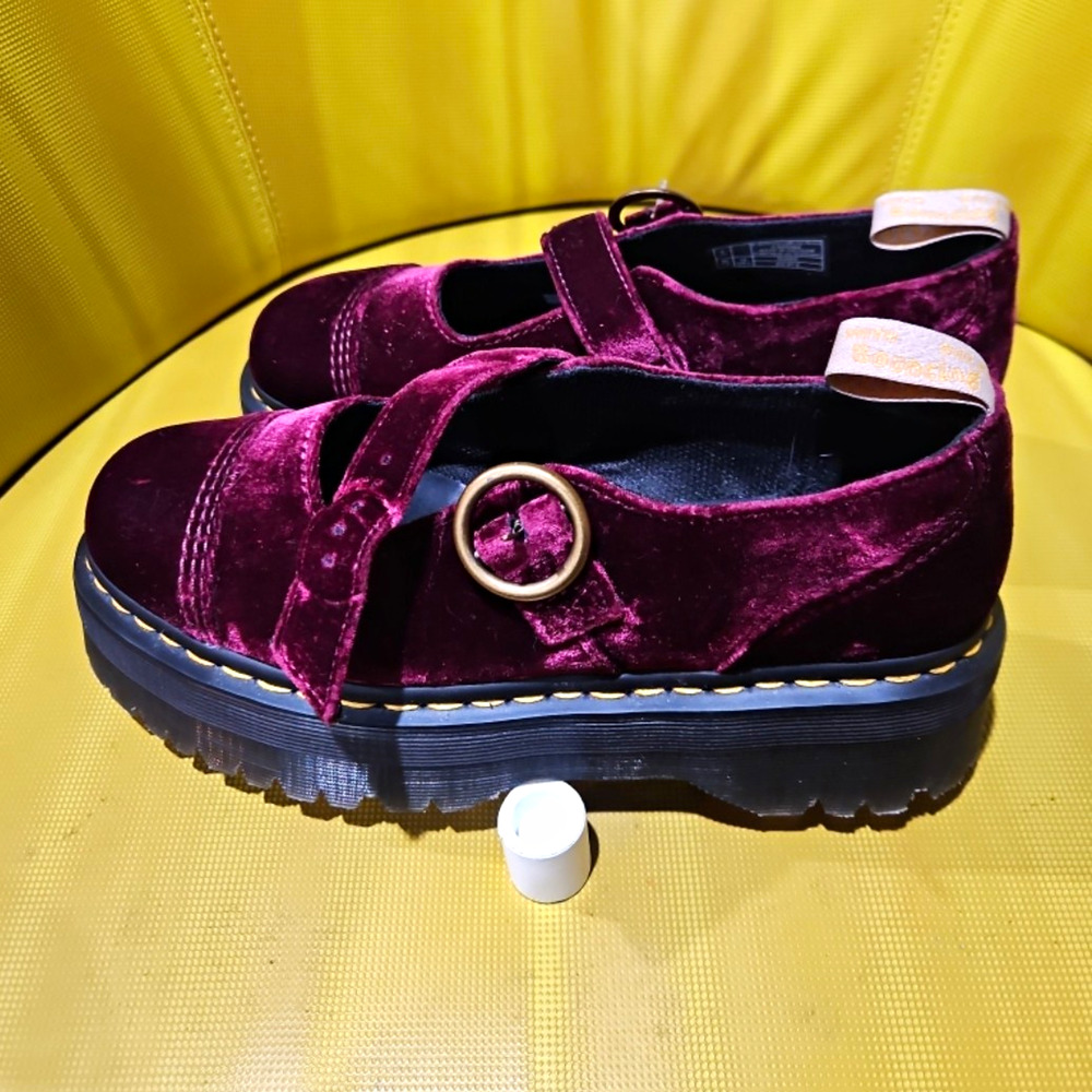 Dr. Martens Burgundy Velvet Mary Jane Flats Round Toe Buckle Strap Lug Sole 10